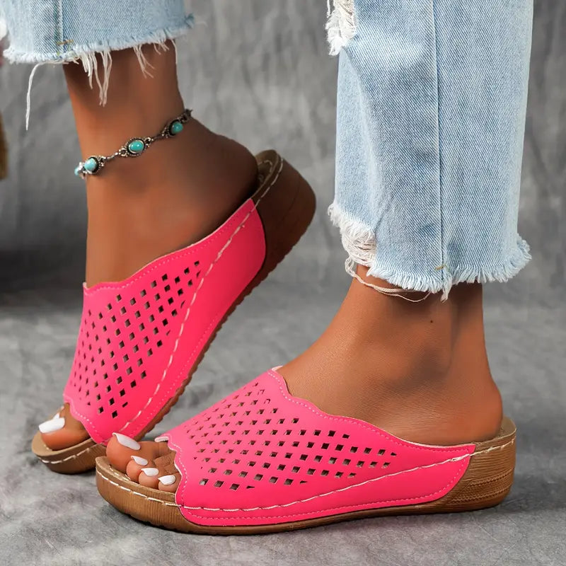 Peep Toe Wedge Slides: Hollow Design, Soft Sole