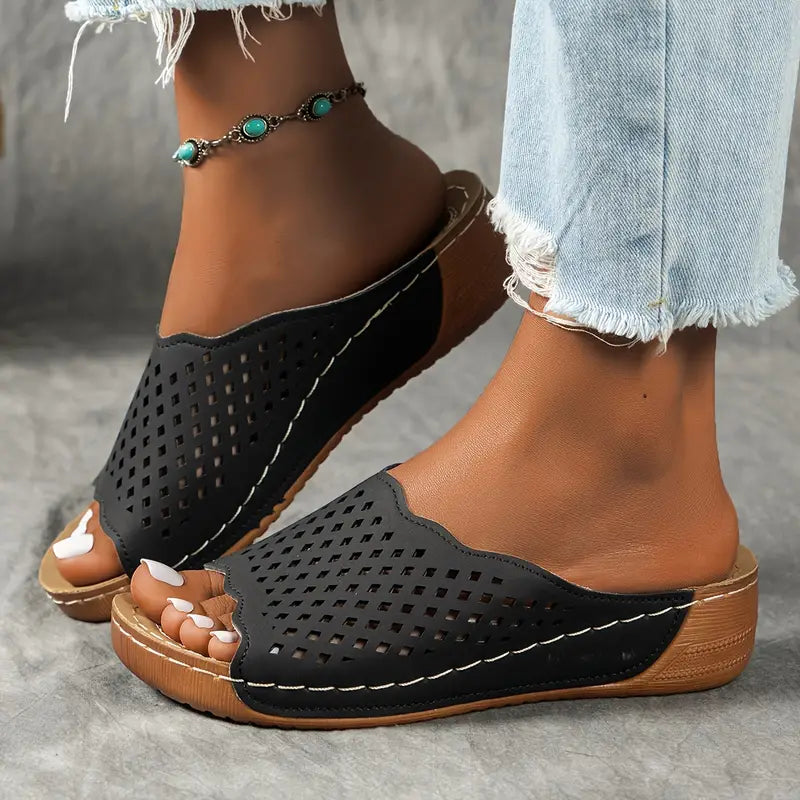 Peep Toe Wedge Slides: Hollow Design, Soft Sole