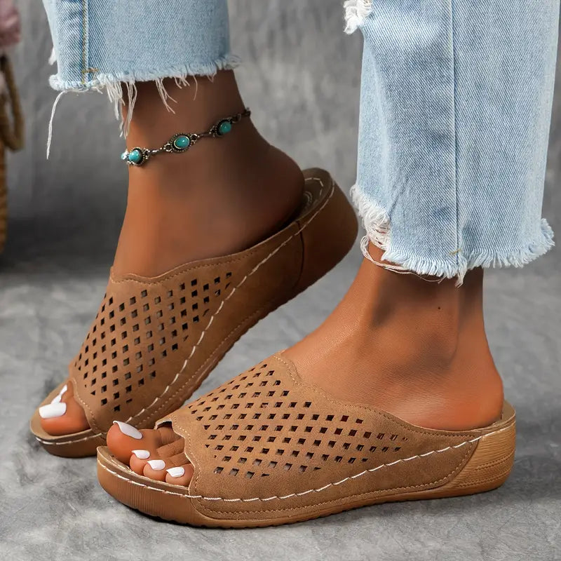 Peep Toe Wedge Slides: Hollow Design, Soft Sole