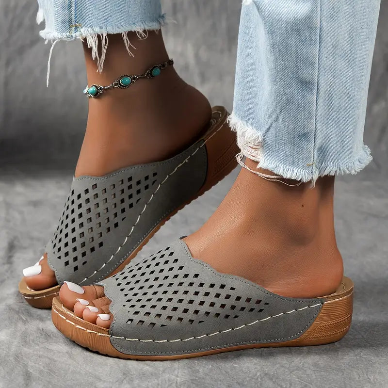 Peep Toe Wedge Slides: Hollow Design, Soft Sole