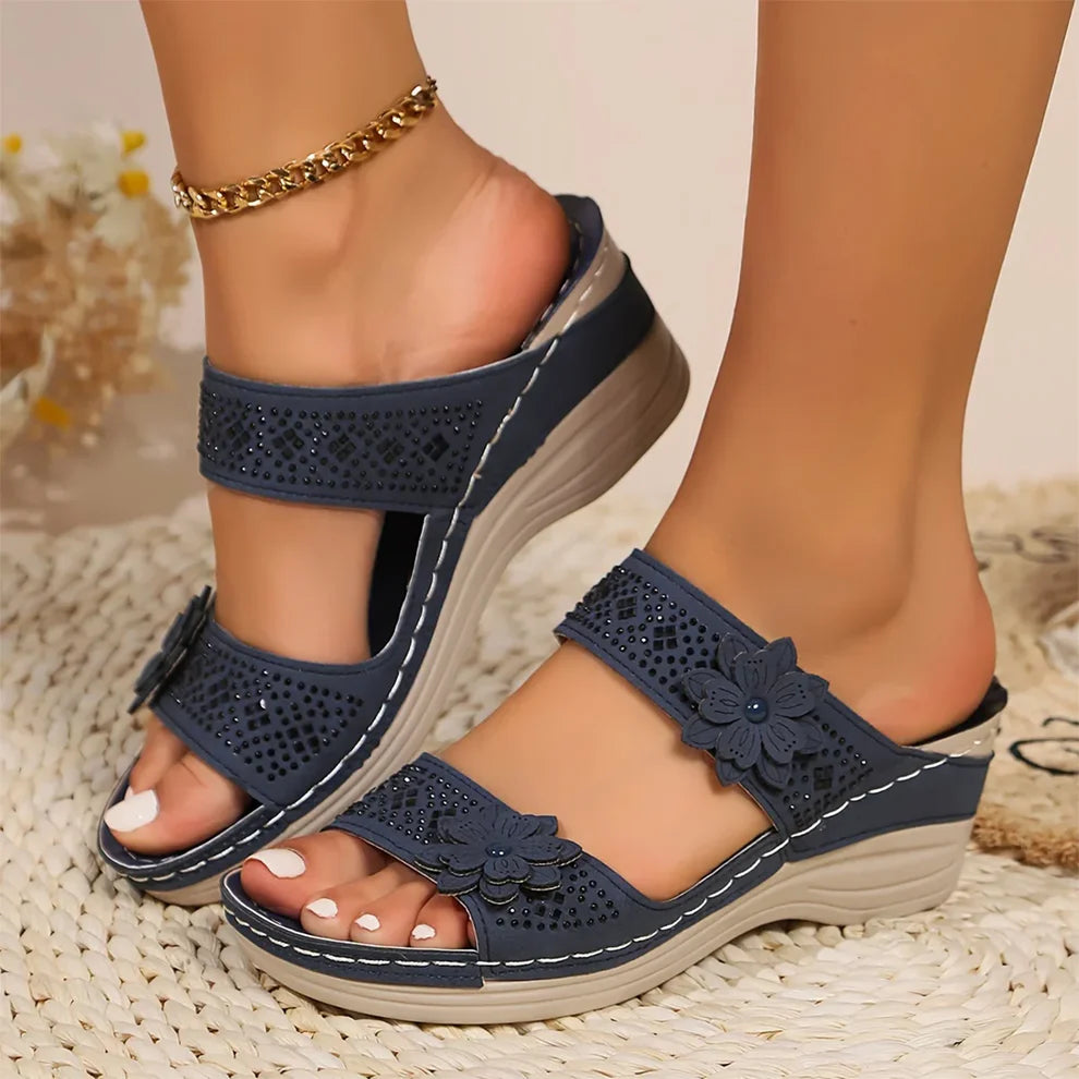 Blisscomfy Retro Studded Flowers Arch Support Slide Sandals