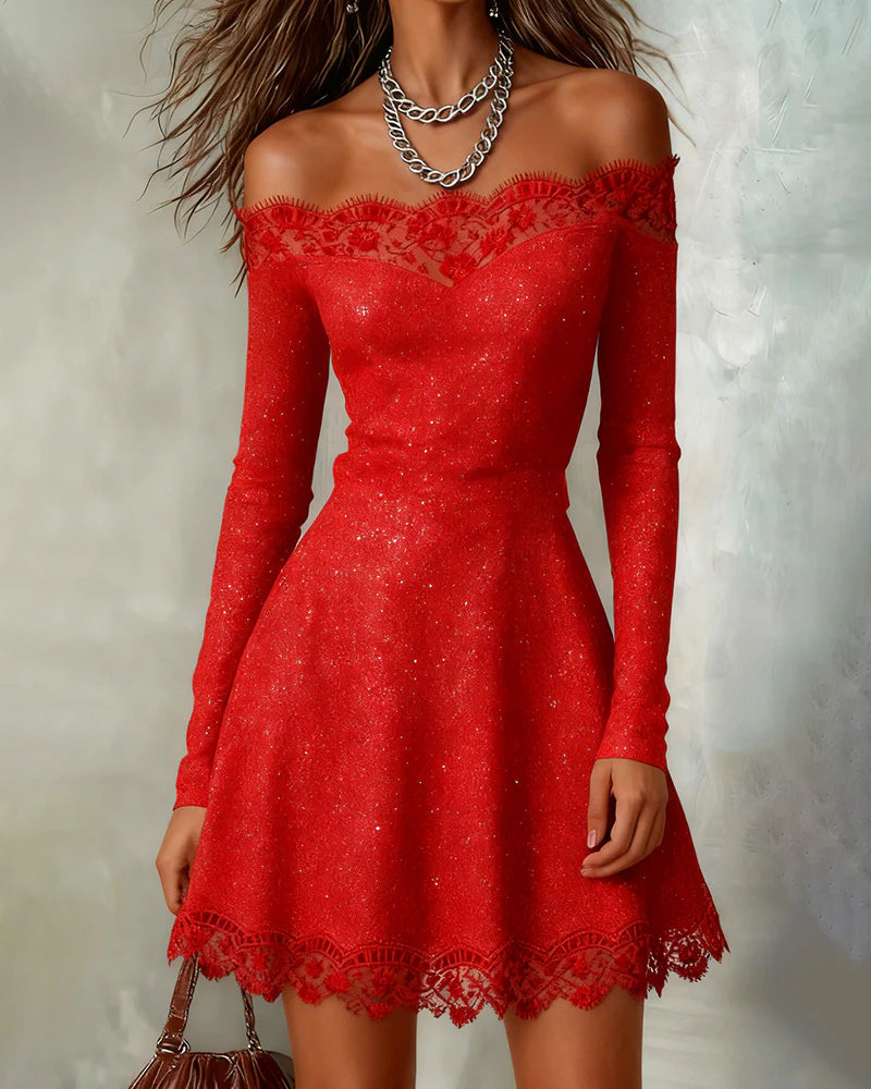 Women’s Sparkle Lace Off-Shoulder Mini Dress