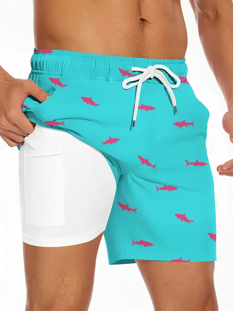 Men's Shark Pattern 2-in-1 Board Shorts