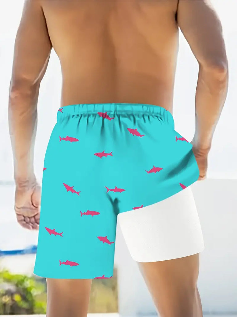 Men's Shark Pattern 2-in-1 Board Shorts