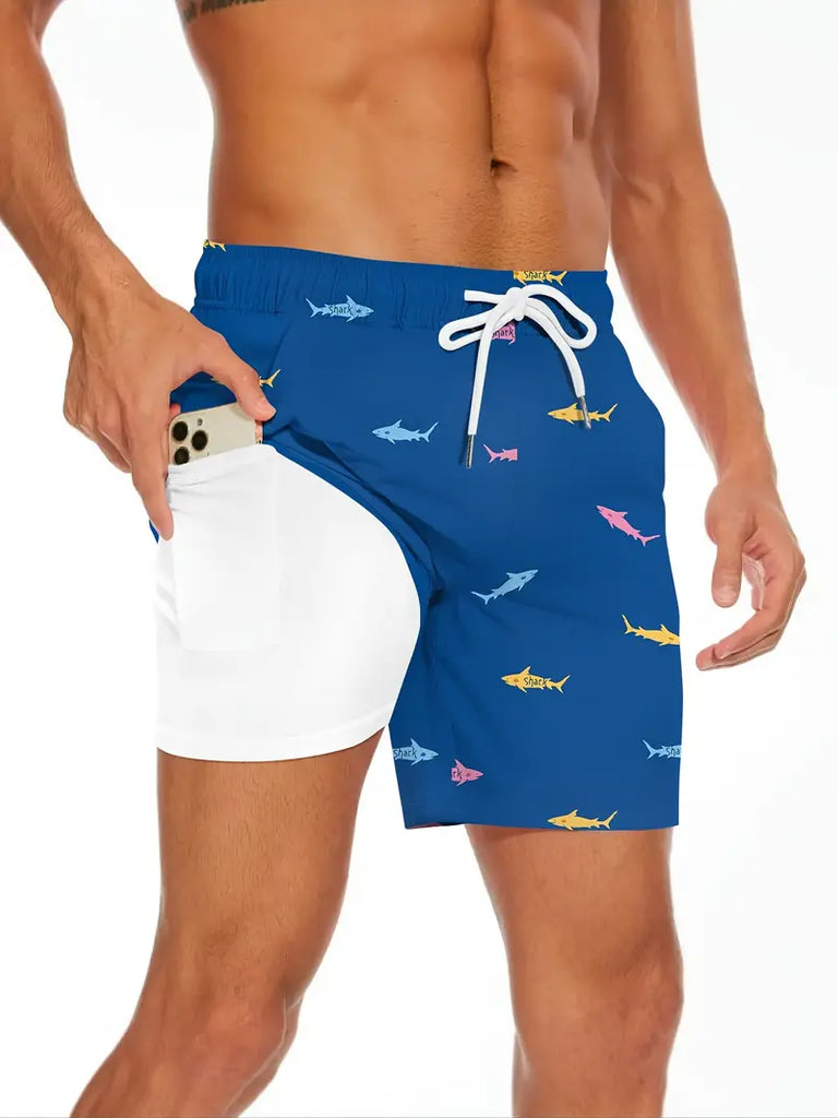 Men's Shark Pattern 2-in-1 Board Shorts