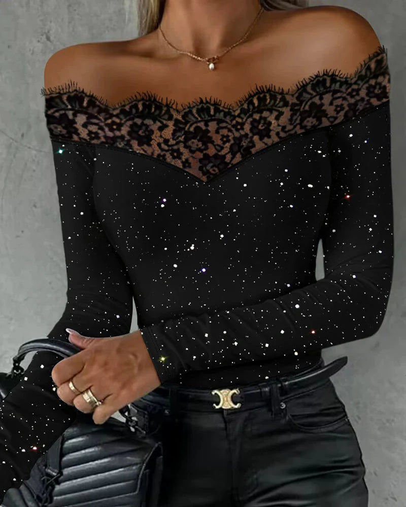 Women’s Glitter Off-Shoulder Lace Patchwork Long Sleeve Top