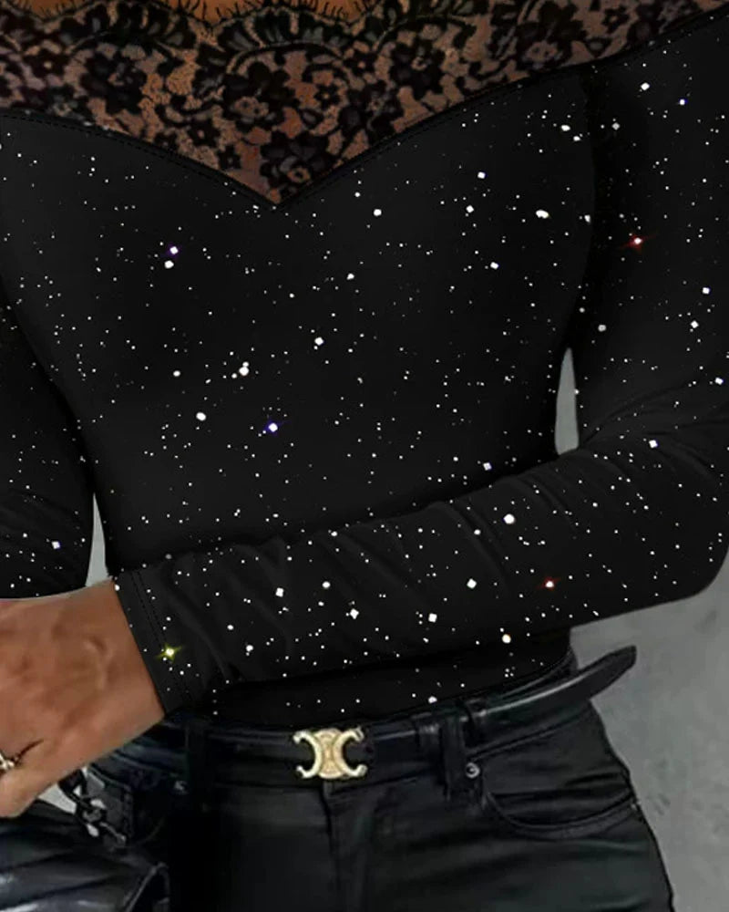 Women’s Glitter Off-Shoulder Lace Patchwork Long Sleeve Top