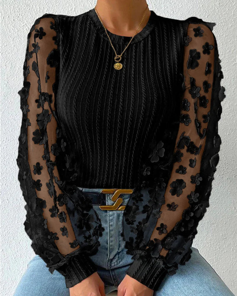 Women’s Ribbed Knit Mesh Sleeve 3D Floral Blouse