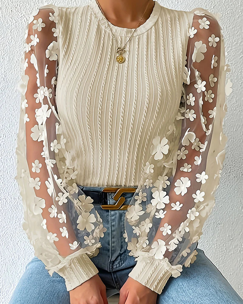 Women’s Ribbed Knit Mesh Sleeve 3D Floral Blouse