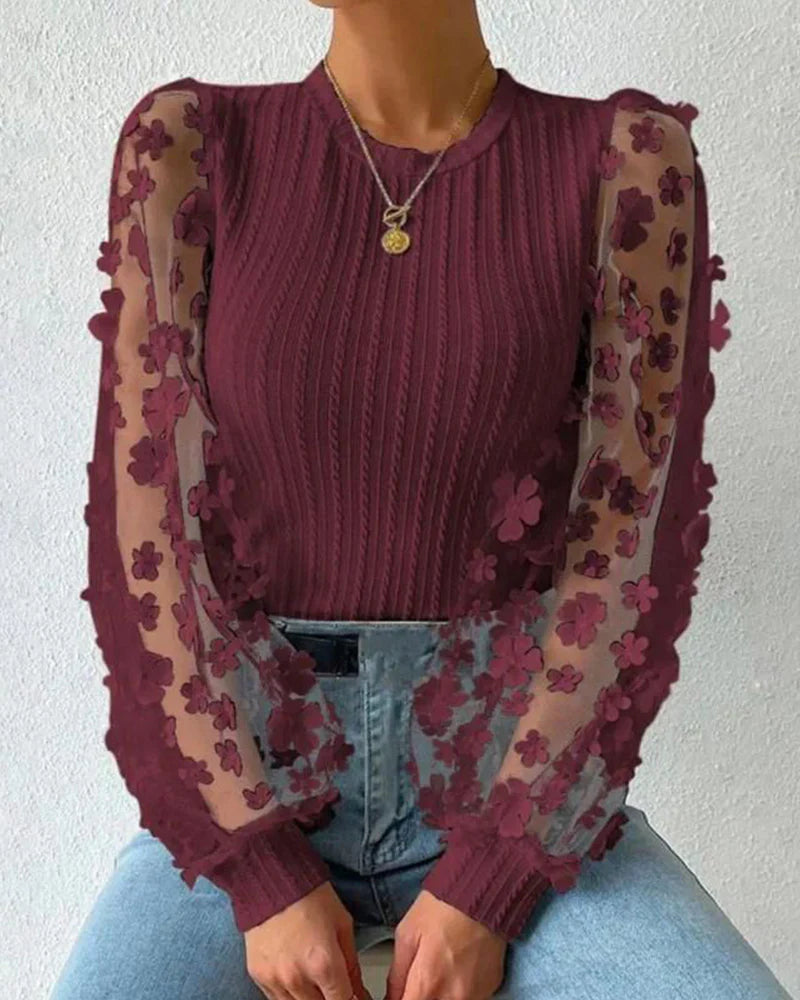 Women’s Ribbed Knit Mesh Sleeve 3D Floral Blouse