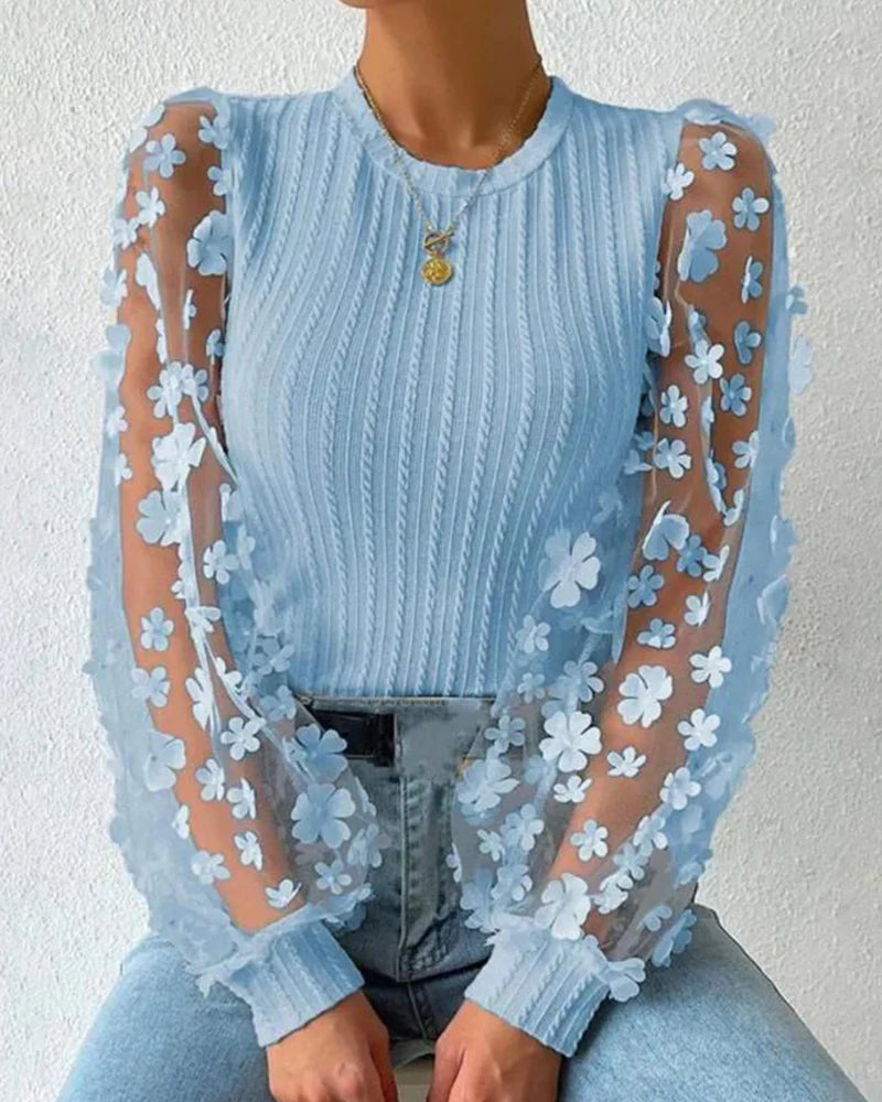 Women’s Ribbed Knit Mesh Sleeve 3D Floral Blouse