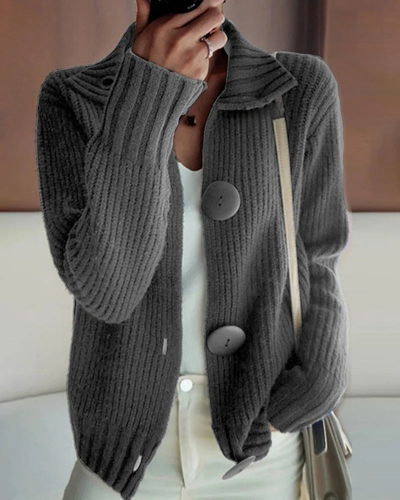 Women’s Ribbed Knit Large Button Collar Cardigan