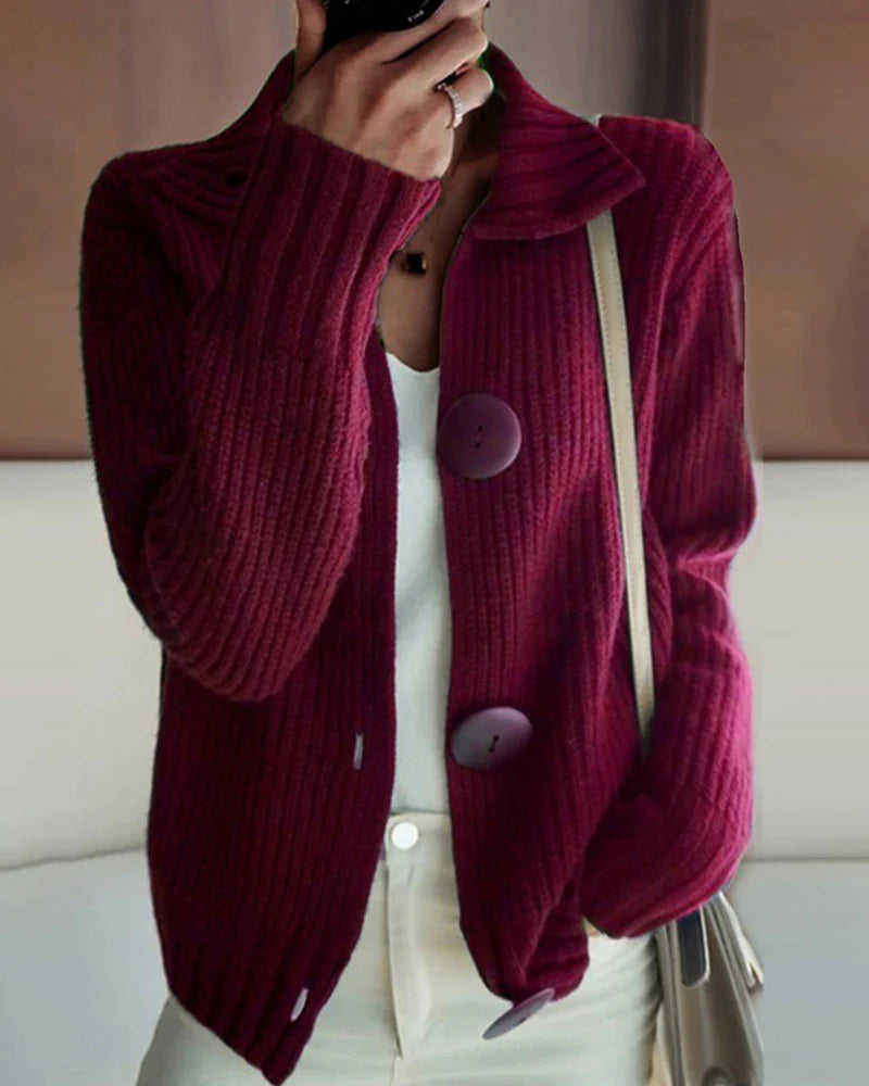 Women’s Ribbed Knit Large Button Collar Cardigan