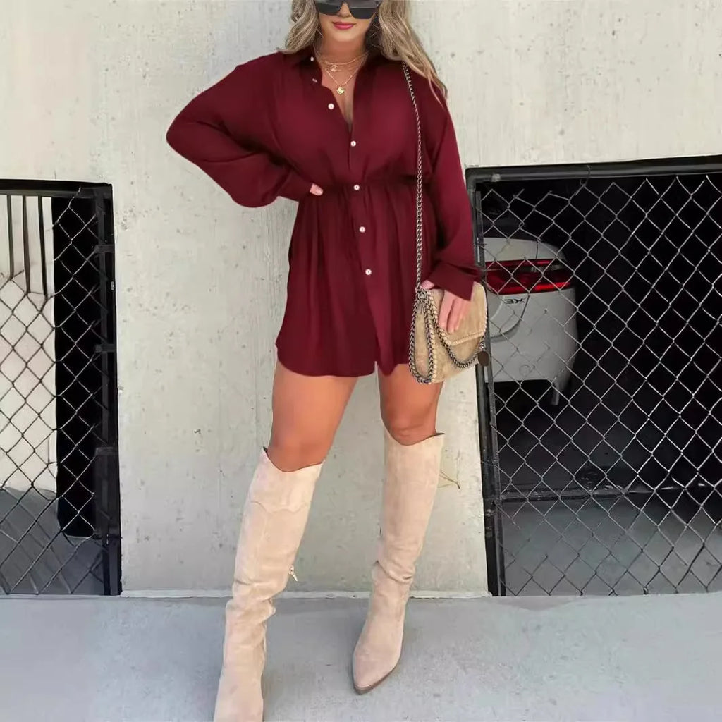 Women's Solid Colour Long Sleeve Shirt Dress