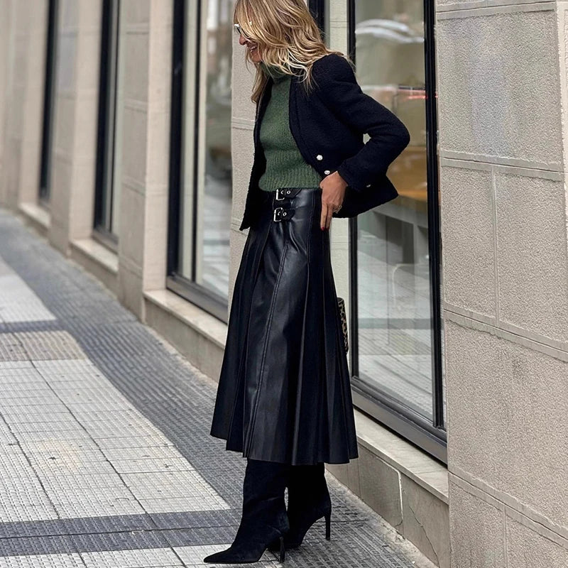 Women’s High-Waist PU Leather Side-Buckle Pleated Midi Skirt