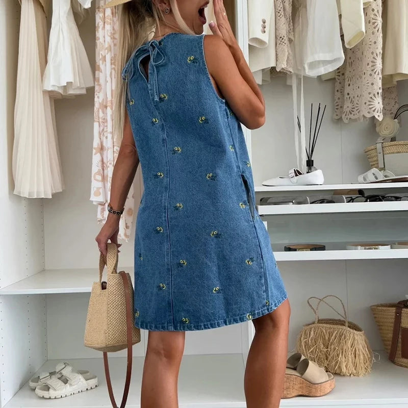Denim Bloom Embroidered Sleeveless Dress