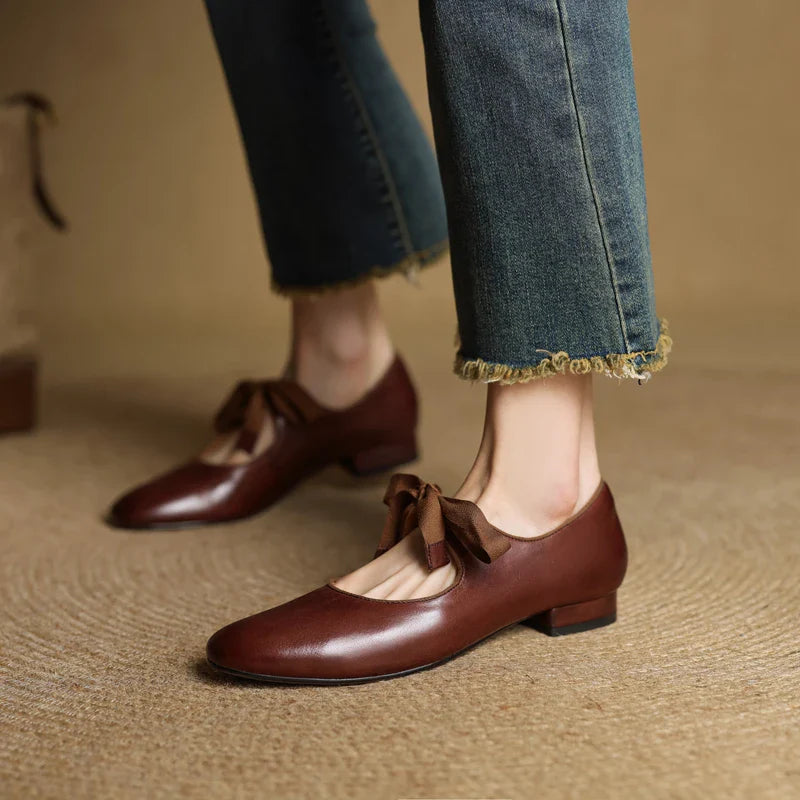 Women’s Lace-Up Leather Ballet Flats with Low Square Heel