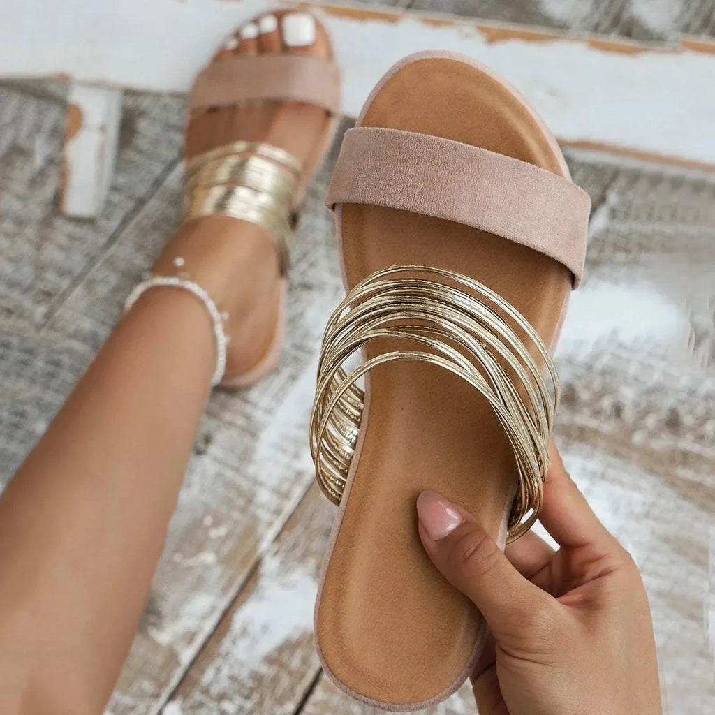 Gold Accent Open-Toe Flat Sandals