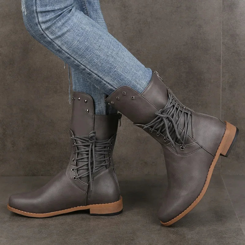 Women's lace-up boots with low heels and round toes