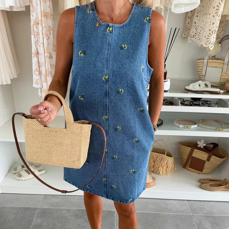 Denim Bloom Embroidered Sleeveless Dress