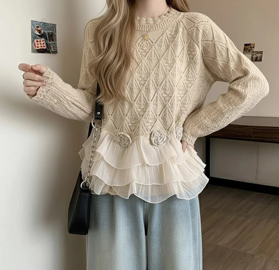 Women’s Ruffle Trim Knit Cardigan with Chiffon Layers