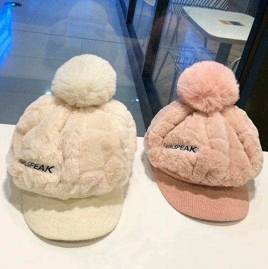 Women’s Plush Pom-Pom Earflap Baseball Cap