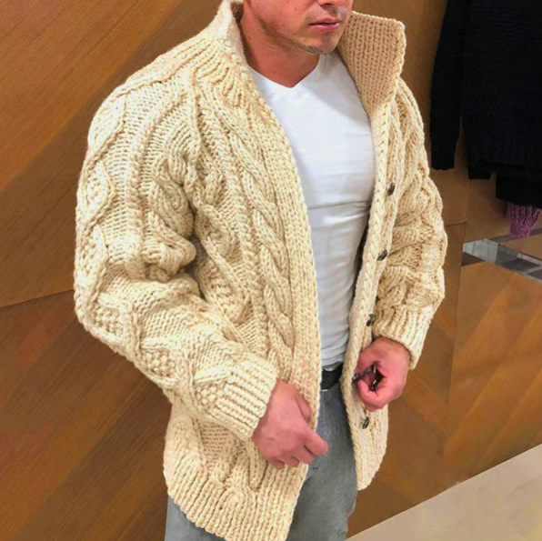 Men’s Chunky Cable-Knit Stand Collar Cardigan