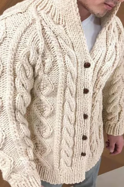 Men’s Chunky Cable-Knit Stand Collar Cardigan