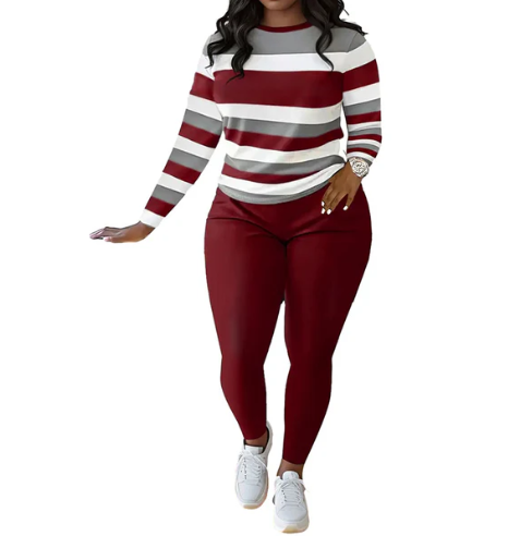 Women’s Striped Long Sleeve Top and High-Waist Trousers Set