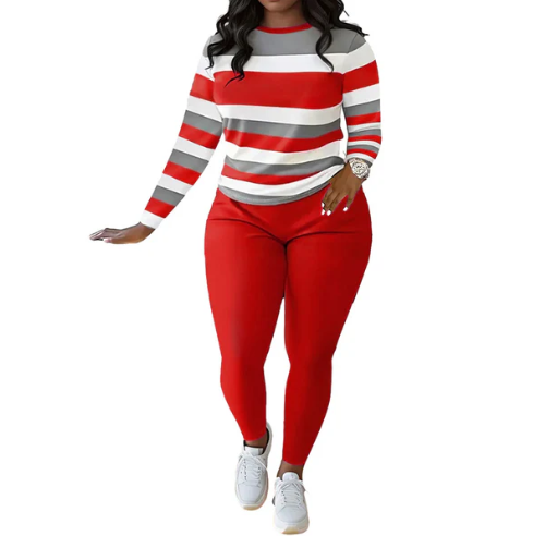 Women’s Striped Long Sleeve Top and High-Waist Trousers Set