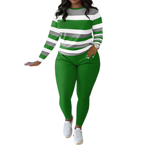 Women’s Striped Long Sleeve Top and High-Waist Trousers Set