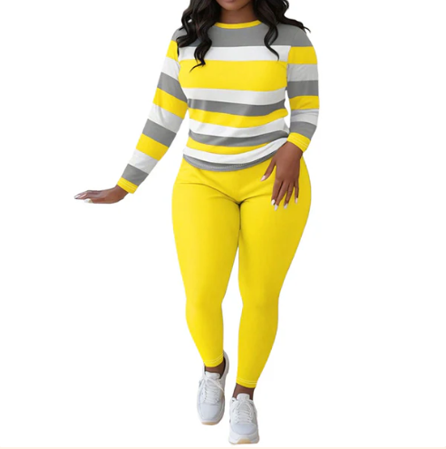 Women’s Striped Long Sleeve Top and High-Waist Trousers Set