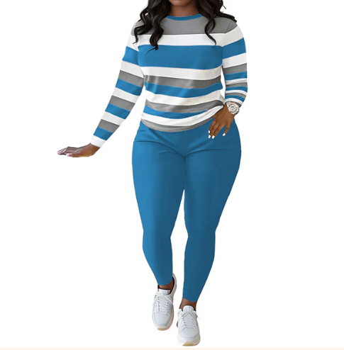 Women’s Striped Long Sleeve Top and High-Waist Trousers Set