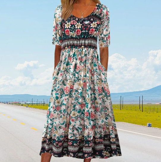 Women’s Boho Print Round Neck Midi Dress