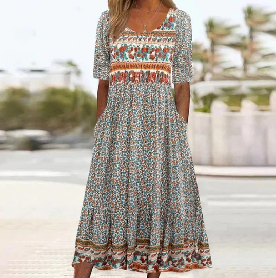 Women’s Boho Print Round Neck Midi Dress