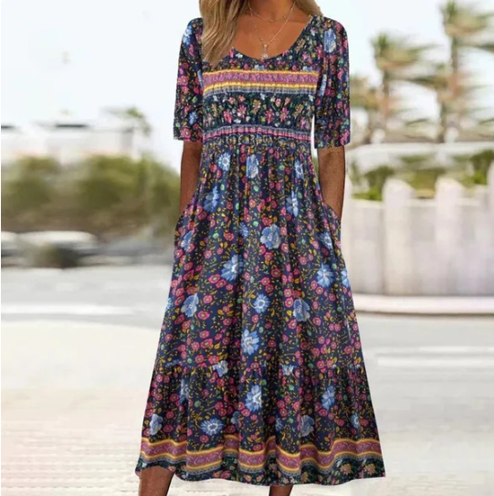 Women’s Boho Print Round Neck Midi Dress