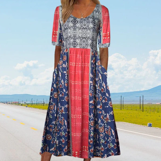 Women’s Boho Print Round Neck Midi Dress