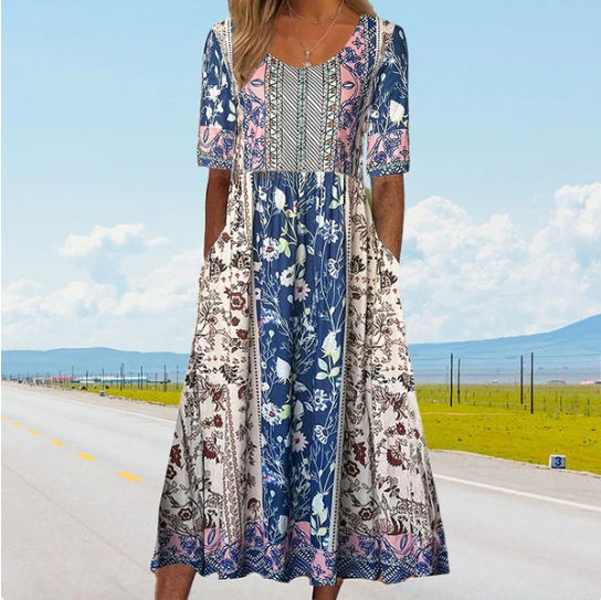 Women’s Boho Print Round Neck Midi Dress