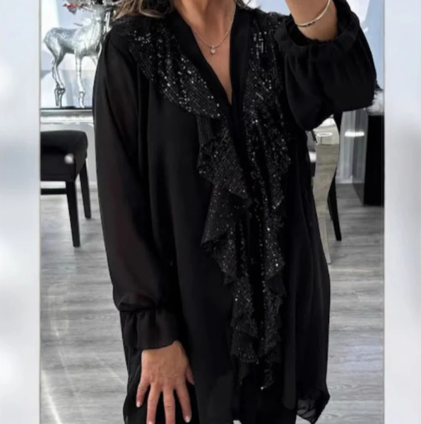 Women’s Sequin Ruffle V Neck Chiffon Long Sleeve Blouse