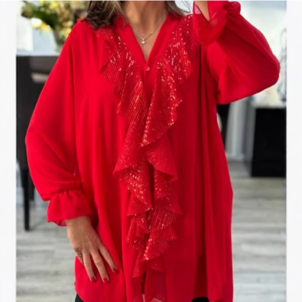 Women’s Sequin Ruffle V Neck Chiffon Long Sleeve Blouse