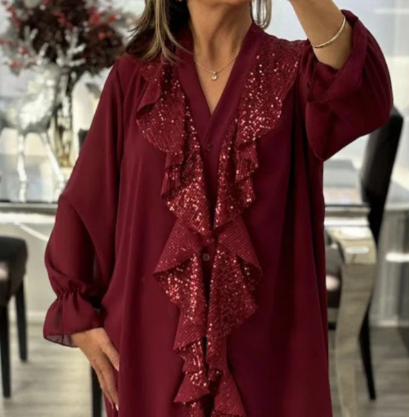 Women’s Sequin Ruffle V Neck Chiffon Long Sleeve Blouse