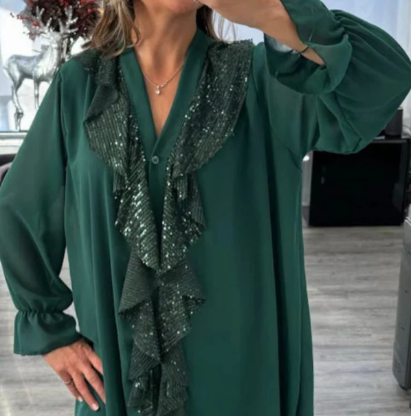 Women’s Sequin Ruffle V Neck Chiffon Long Sleeve Blouse