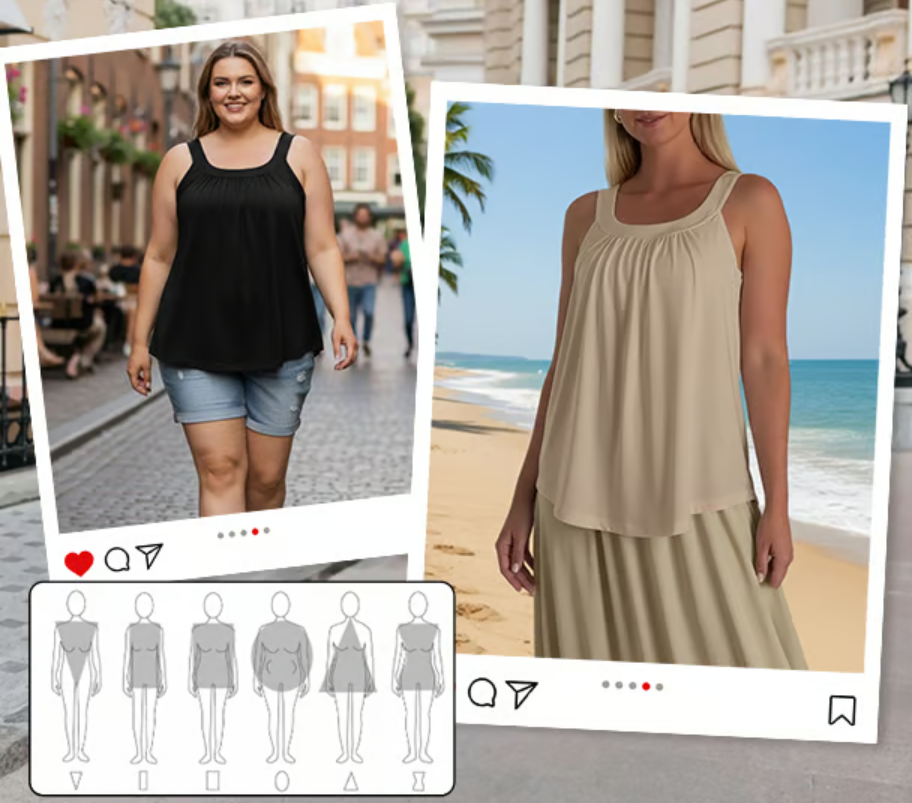 Women’s Built-In Padded Tank Top with Pleated Front and Wide Straps