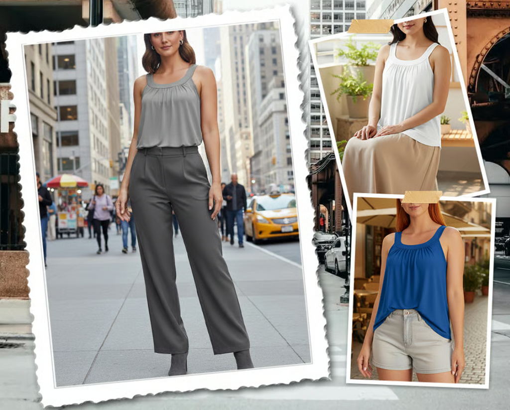 Women’s Built-In Padded Tank Top with Pleated Front and Wide Straps