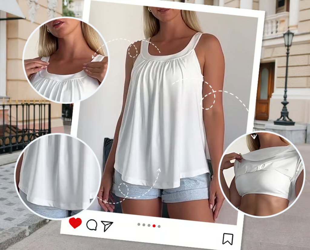 Women’s Built-In Padded Tank Top with Pleated Front and Wide Straps