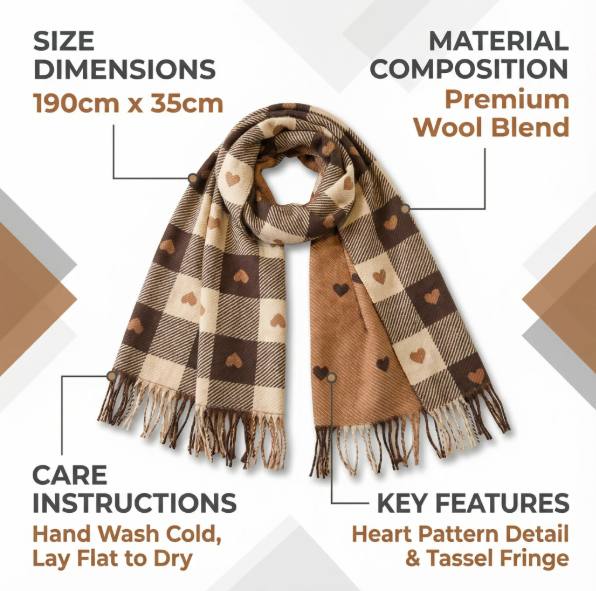 Heart Check Wool Blend Tassel Scarf Wrap