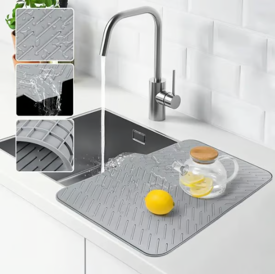 Tapis égouttoir à vaisselle en silicone pour femmes, grand format, avec rebord.