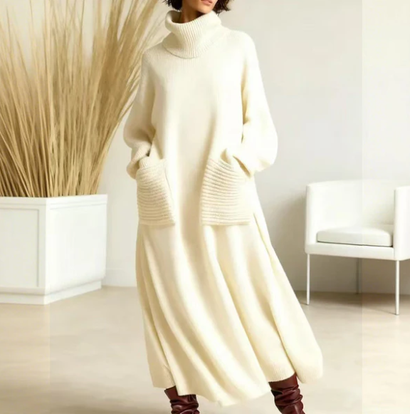 Women’s Ankle Length Turtleneck Knit Jumper Dress with Pockets