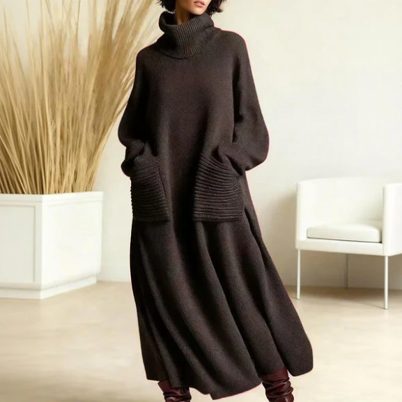 Women’s Ankle Length Turtleneck Knit Jumper Dress with Pockets