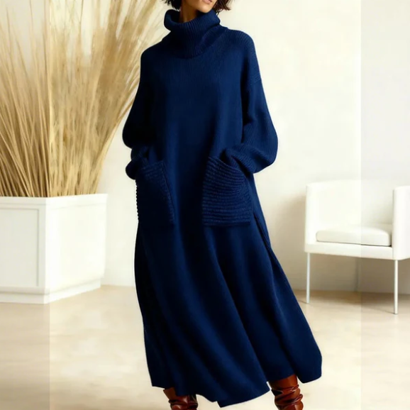 Women’s Ankle Length Turtleneck Knit Jumper Dress with Pockets